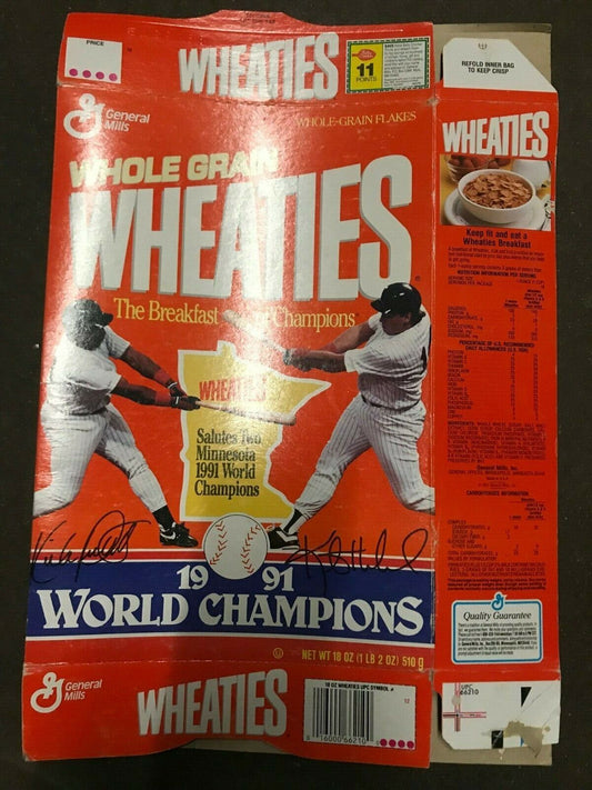 Wheaties box 1991 World Champions Puckett & Hrbek Opened Great Condition NOS