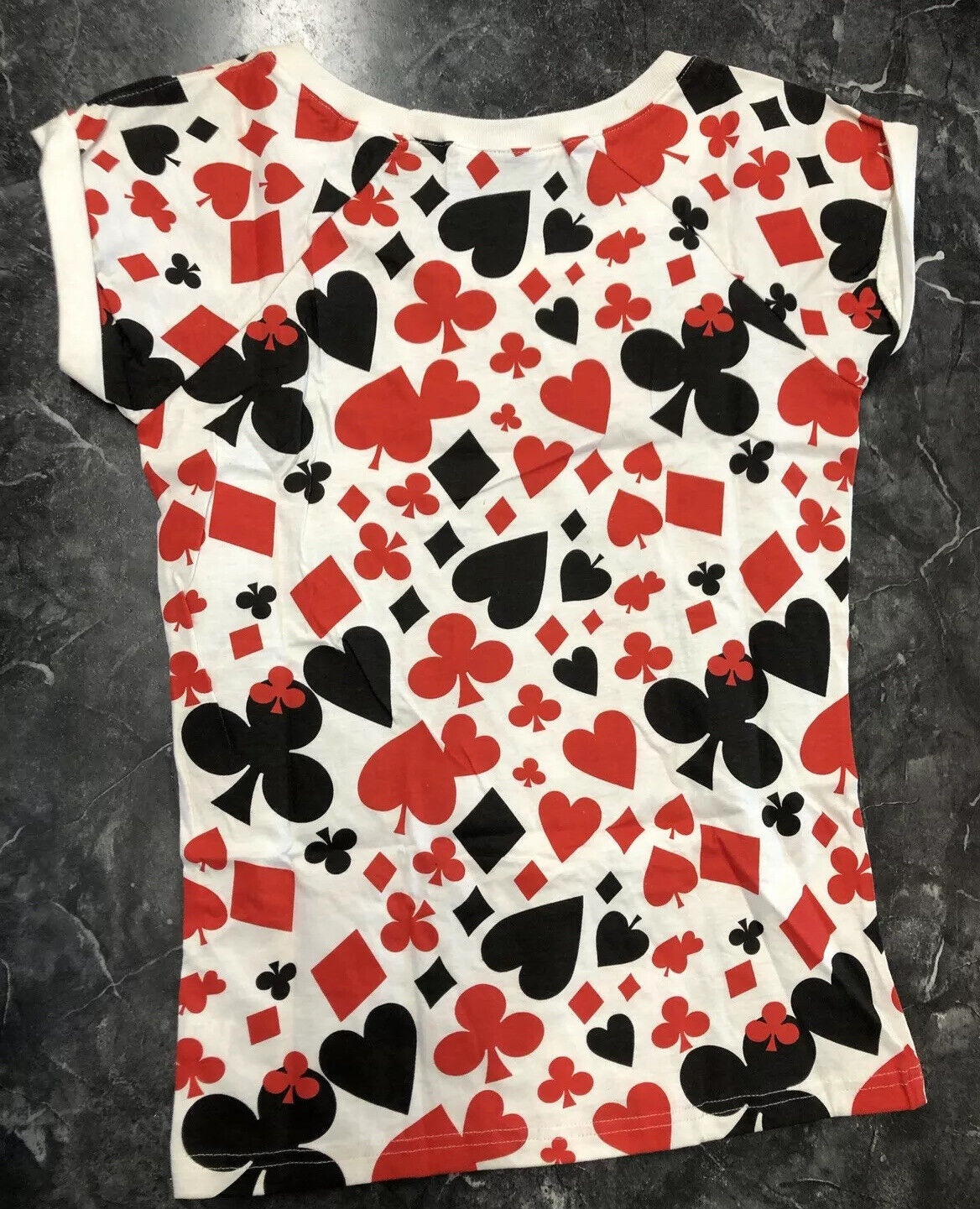 Vintage Woman’s T Shirt - 7 Bar Hearts And Spades Deck White Red Black Size S