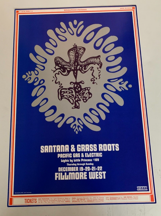 Wes Wilson - 1968 - Santana & Grass Roots Concert Poster @ Fillmore West BGP 1st