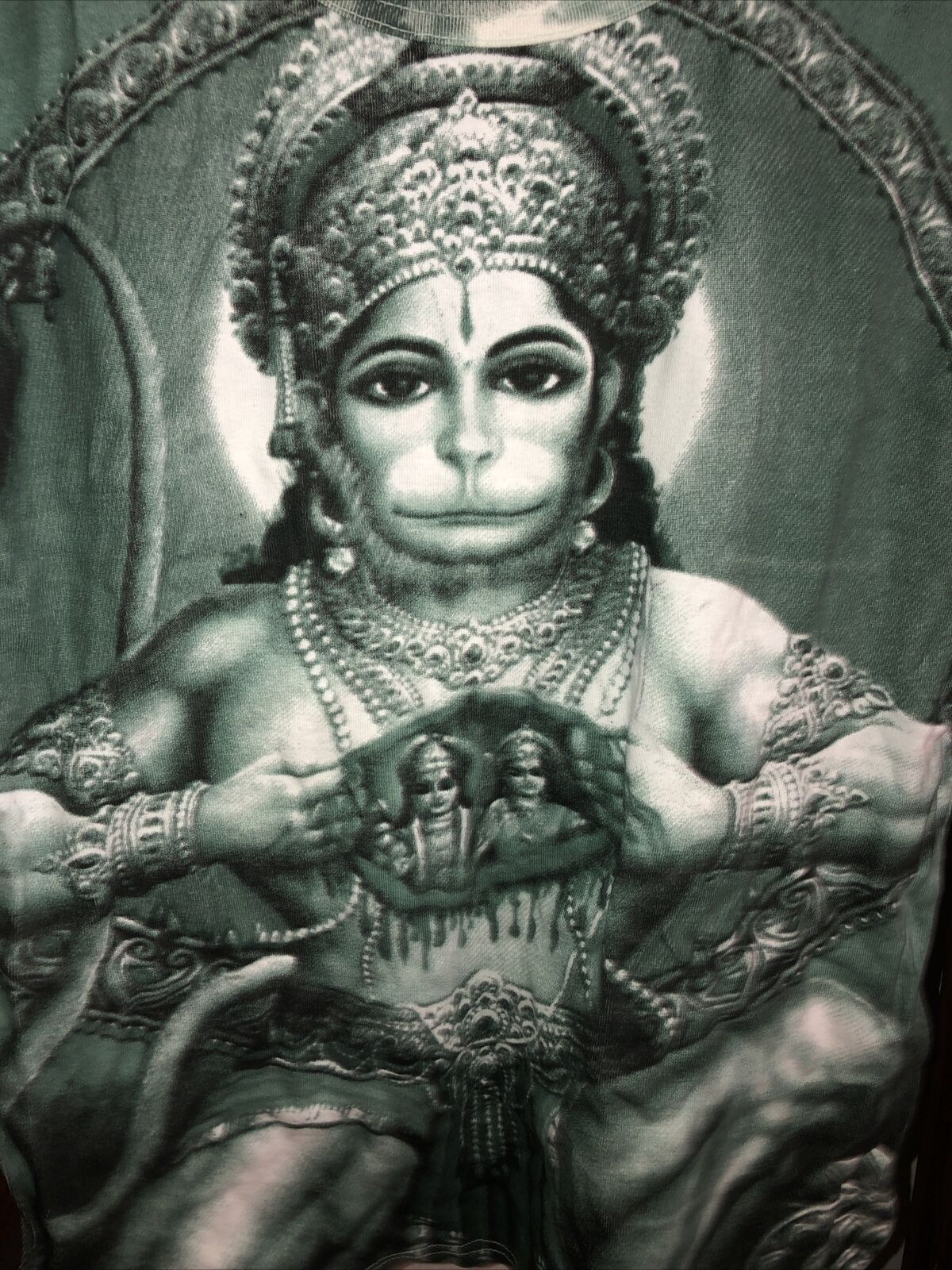 Vintage T Shirt - Trippy India Money Green Rip Open Chest Size M Hanuman