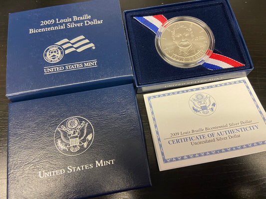 2009-P US Mint BR-2 Uncirculated Louis Braille Bicentennial Silver Dollar COA