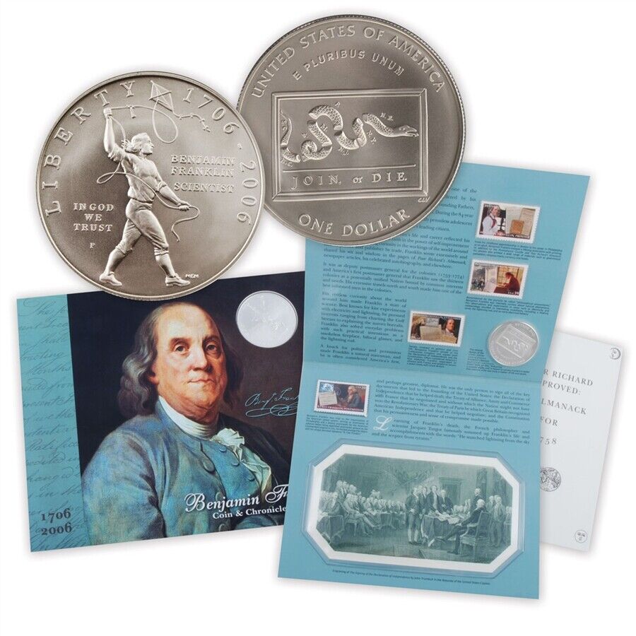 2006 P Benjamin Franklin Coin & Chronicles Set BU Silver Dollar US Coin SEALED 