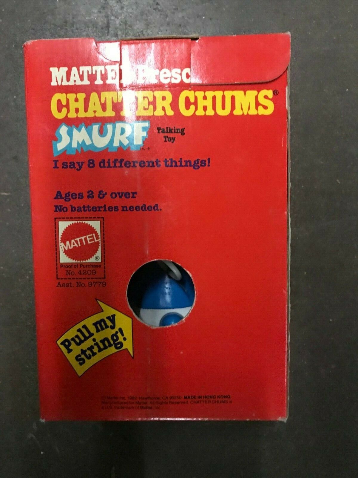 Chatter Chums Smurf Rare Mattel Preschool NIB Vintage NOS Original Pull Stiring