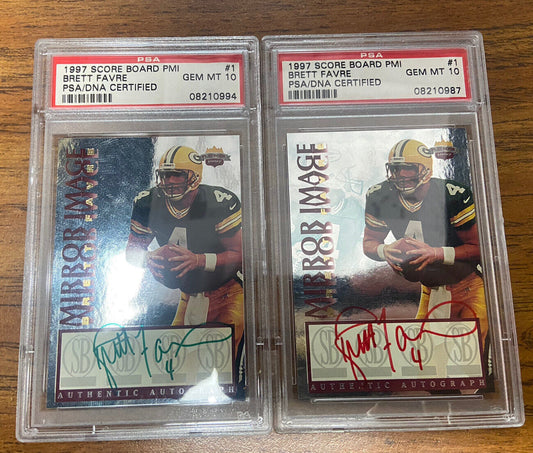 2x 1997 Score Board Mirror Image Autos #1 Brett Favre Green & Red Ink PSA 10 MT