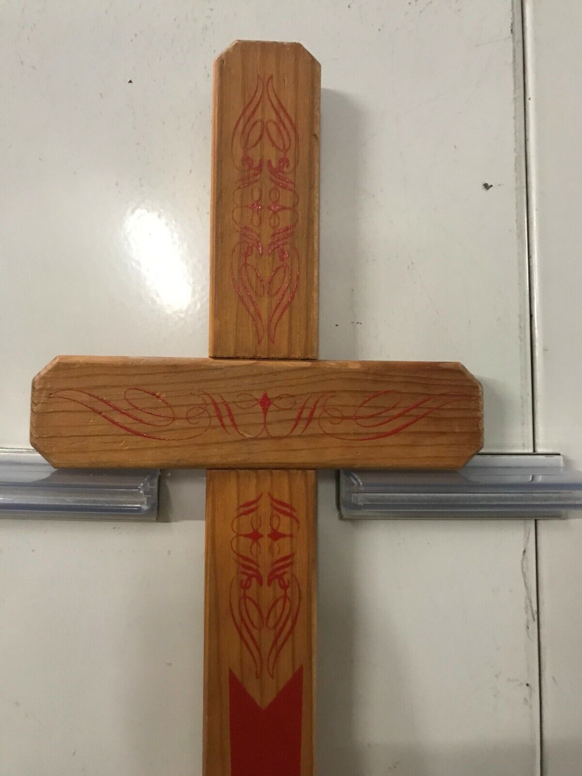 Wooden Cross with Intricate Red Design 22" Long Filigree Spirituality Faith NOS