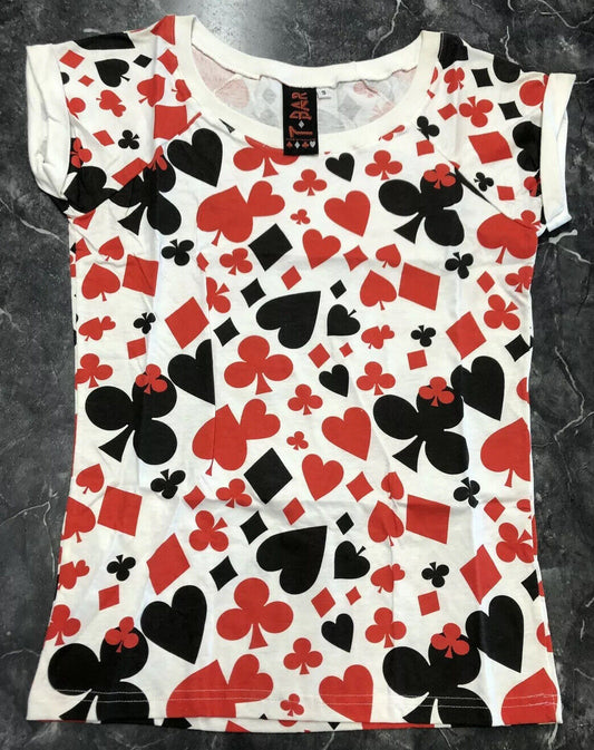 Vintage Woman’s T Shirt - 7 Bar Hearts And Spades Deck White Red Black Size S