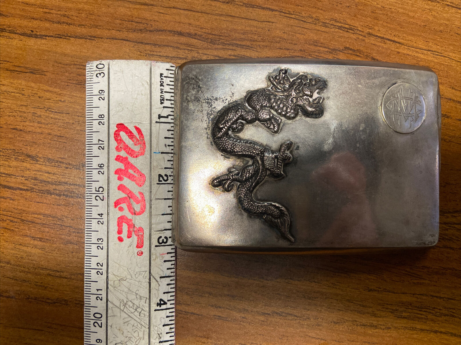 Antique Sterling Silver Chinese Dragon Cigarette Case Holder- 135g in weight