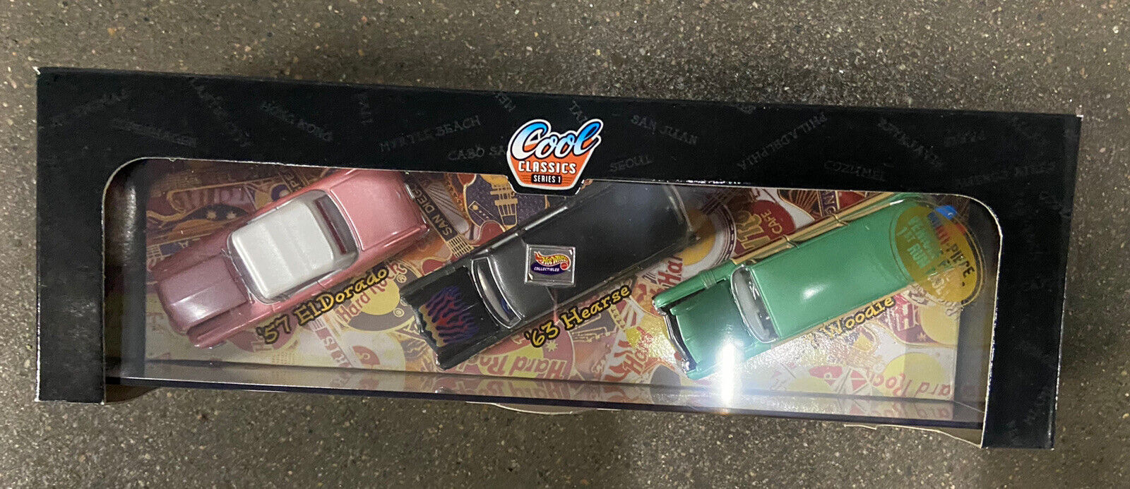 FACTORY CASE OF 4 Hot Wheels Hard Rock Cafe Car Set Cadillac Eldorado Woodie 