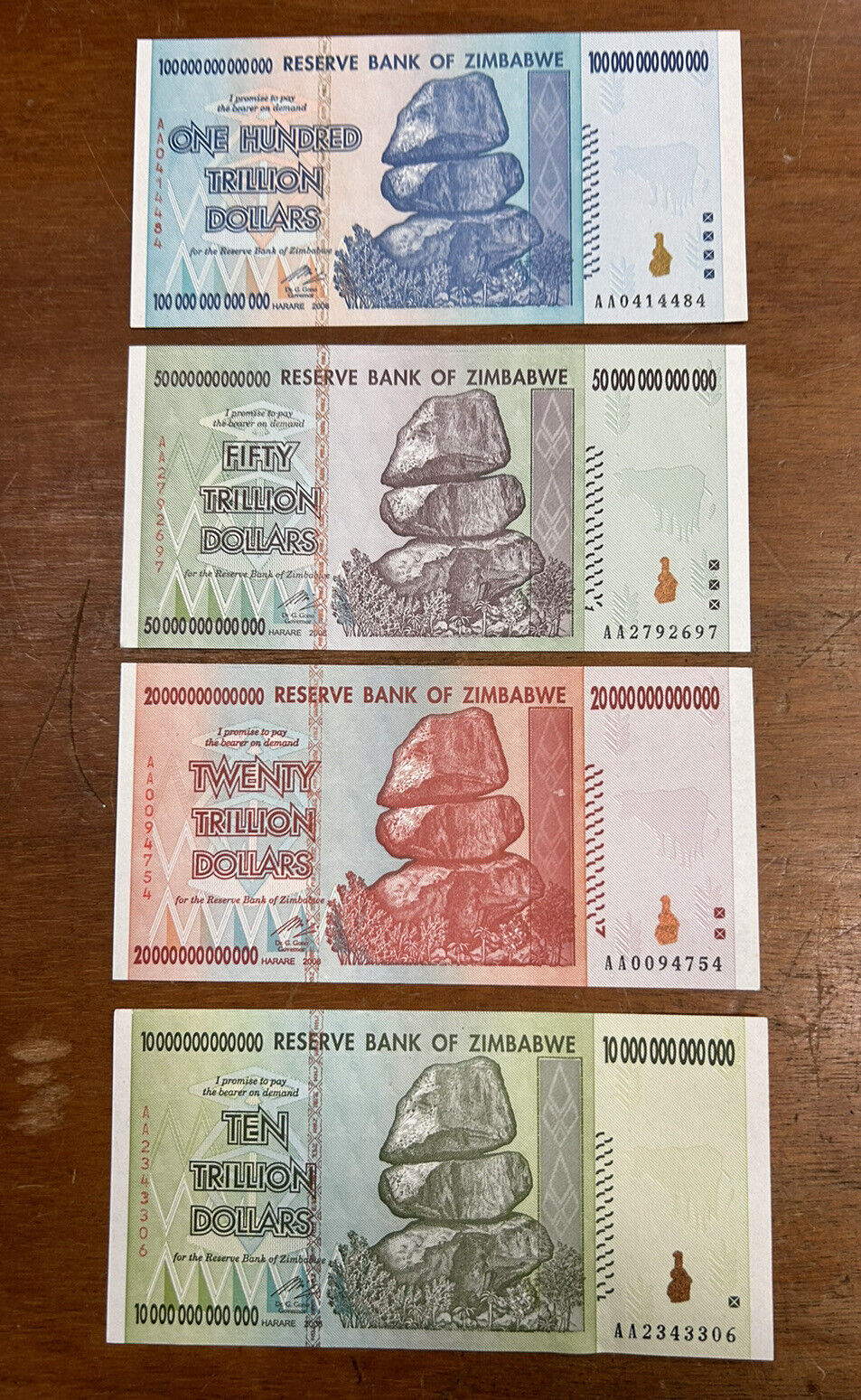 10, 20, 50 And 100 trillion Zimbabwe dollars Banknote Set Uncirculated