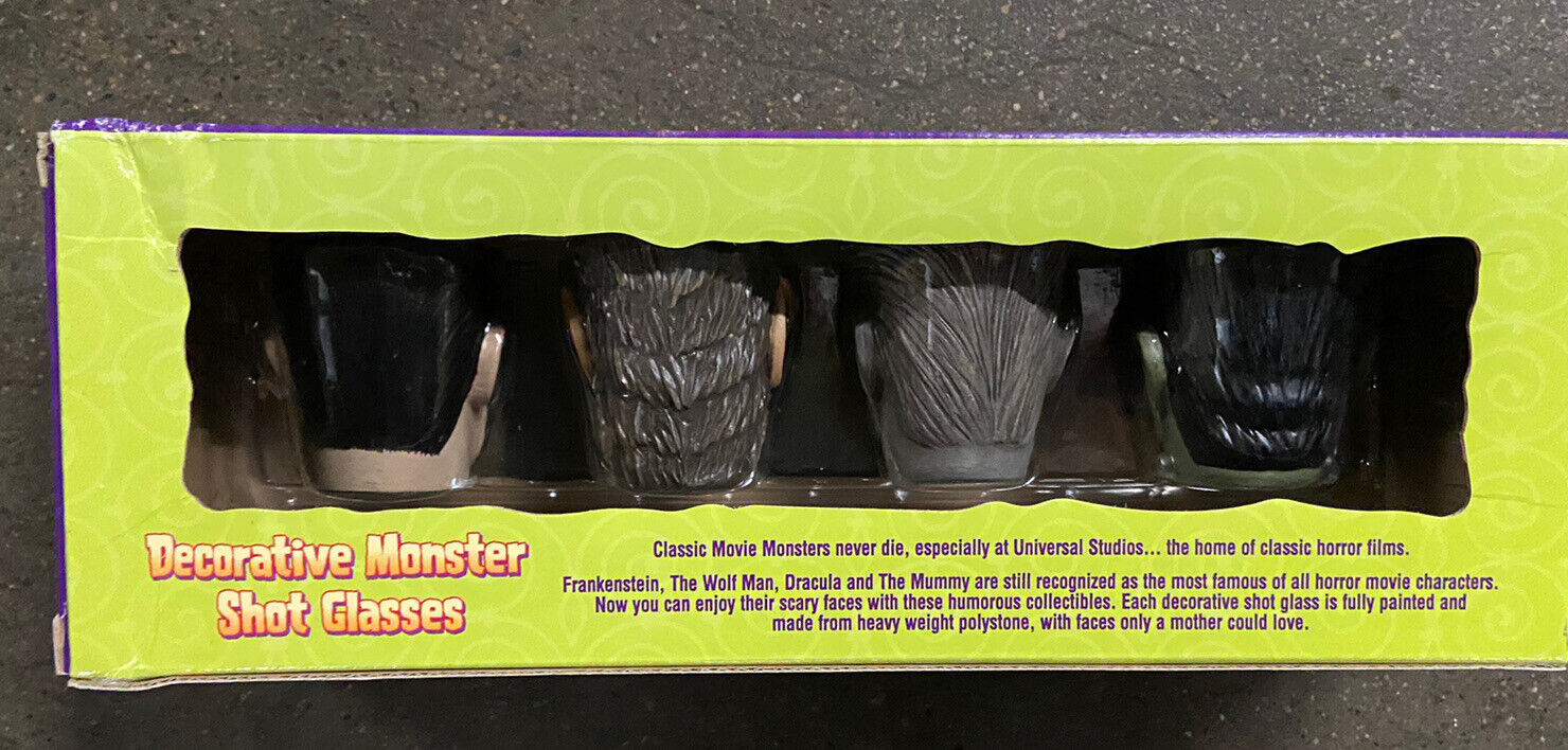 2000 Universal Studios Monsters Shot Glass Frankenstein Mummy Dracula Wolf Man