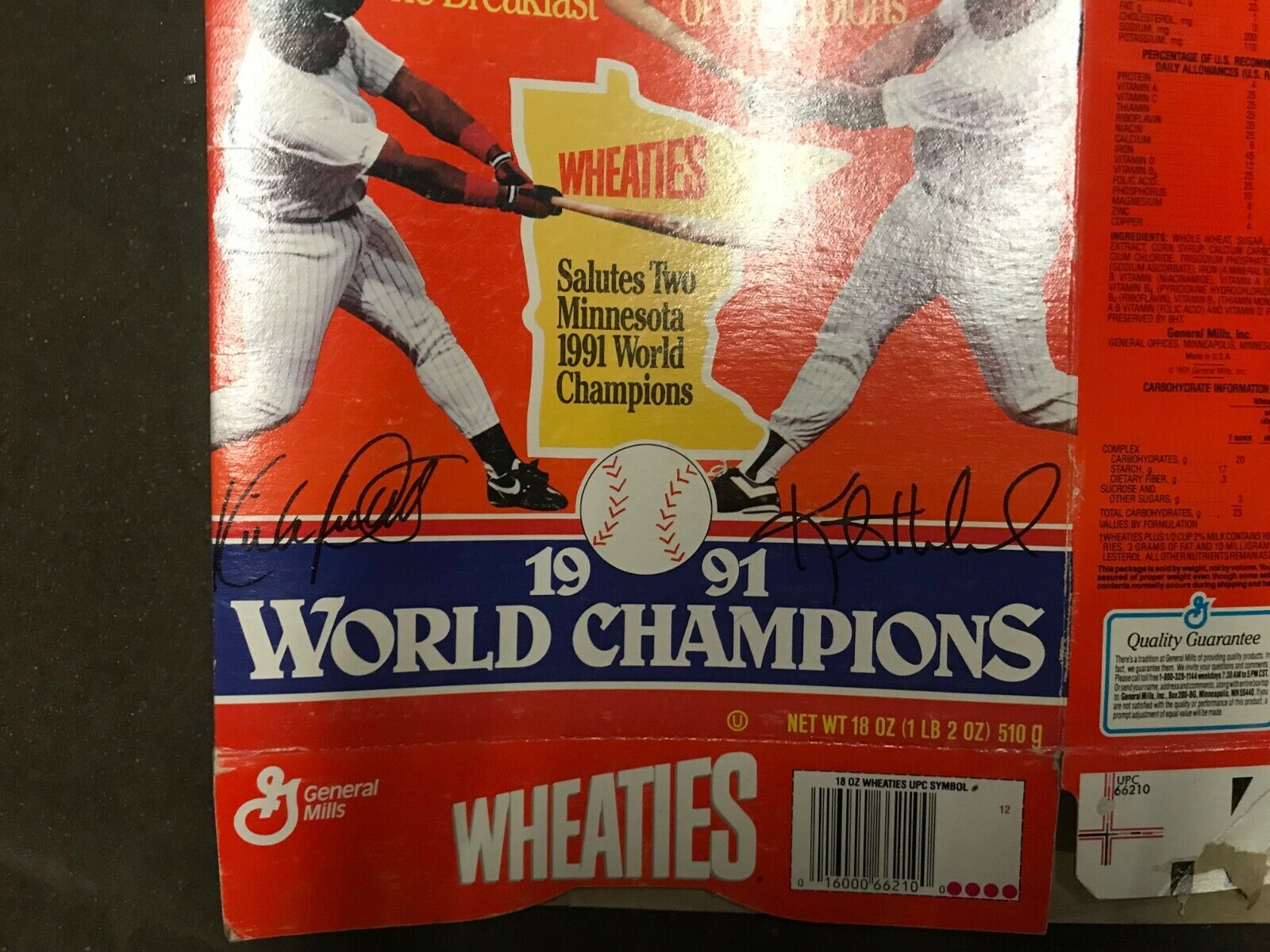 Wheaties box 1991 World Champions Puckett & Hrbek Opened Great Condition NOS