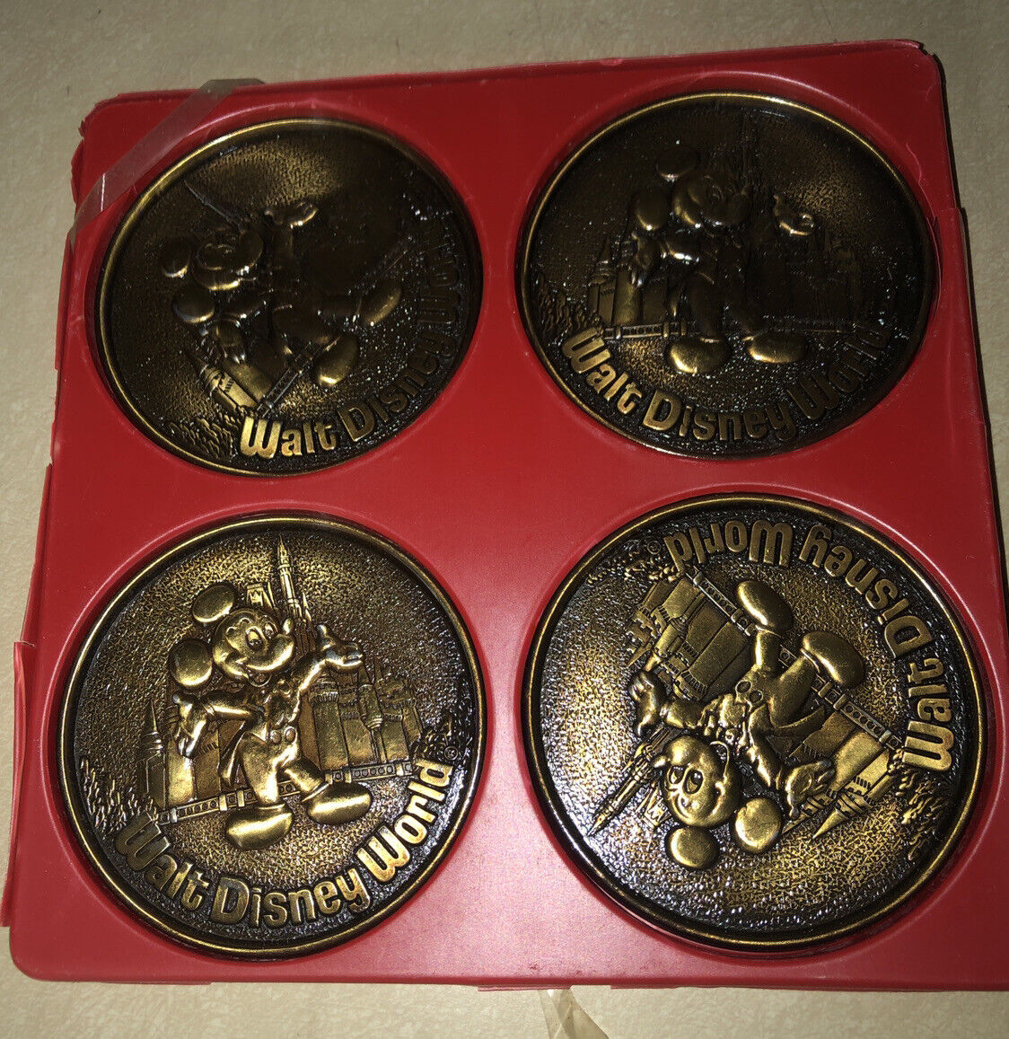 4Pk Walt Disney World Mickey Mouse Brass Drink Coasters Made In Canada Souvenier