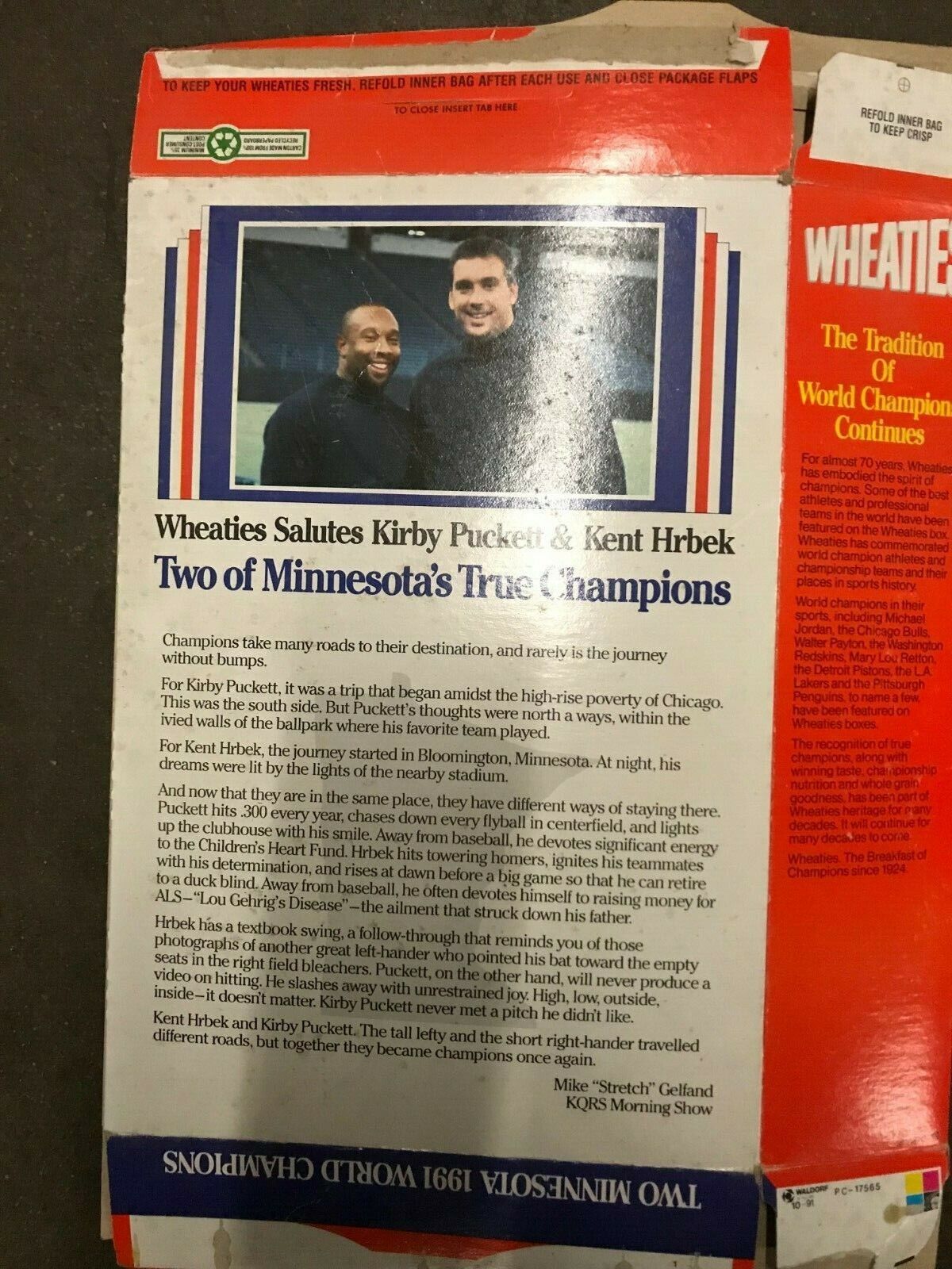Wheaties box 1991 World Champions Puckett & Hrbek Opened Great Condition NOS