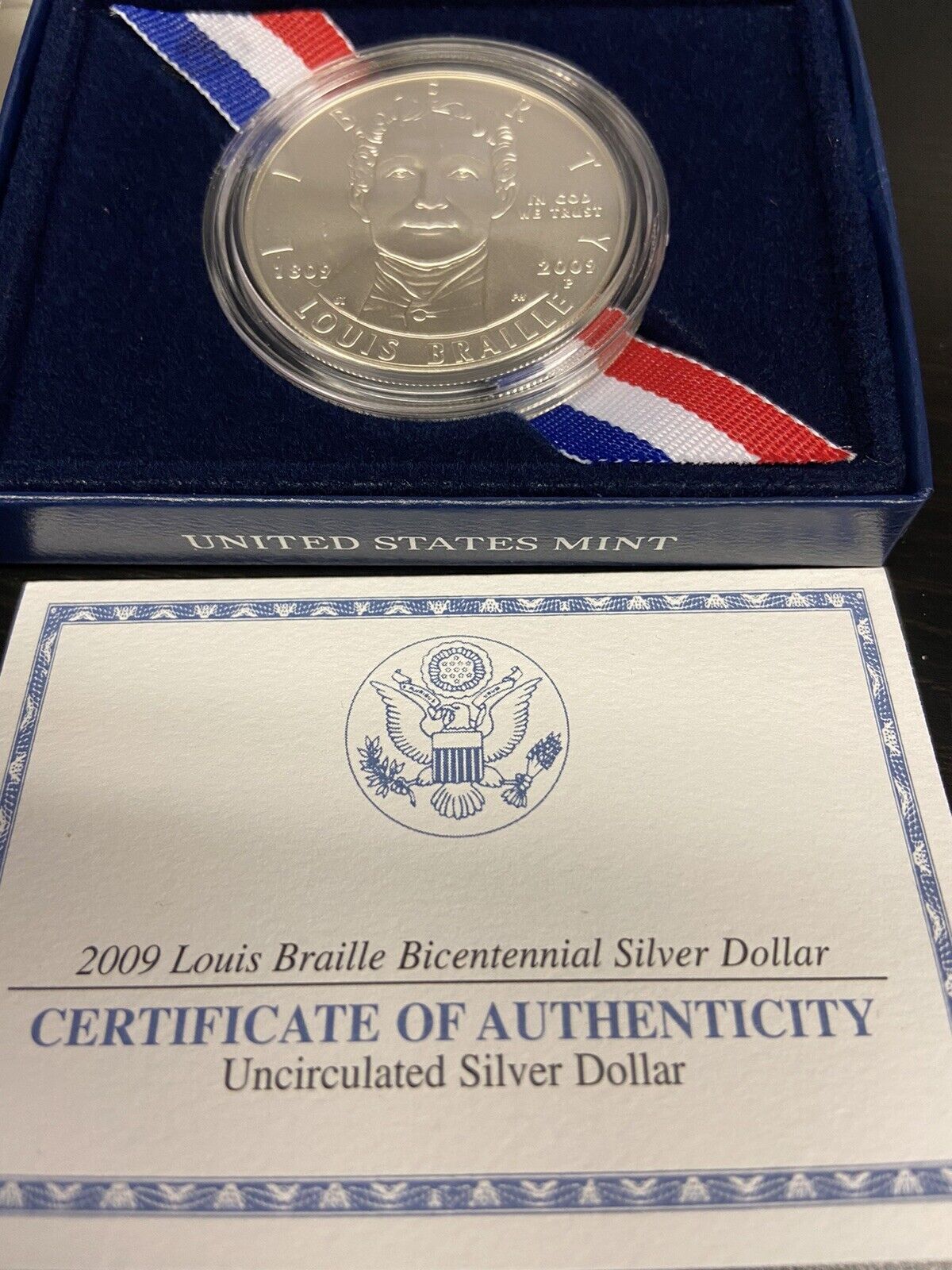 2009-P US Mint BR-2 Uncirculated Louis Braille Bicentennial Silver Dollar COA