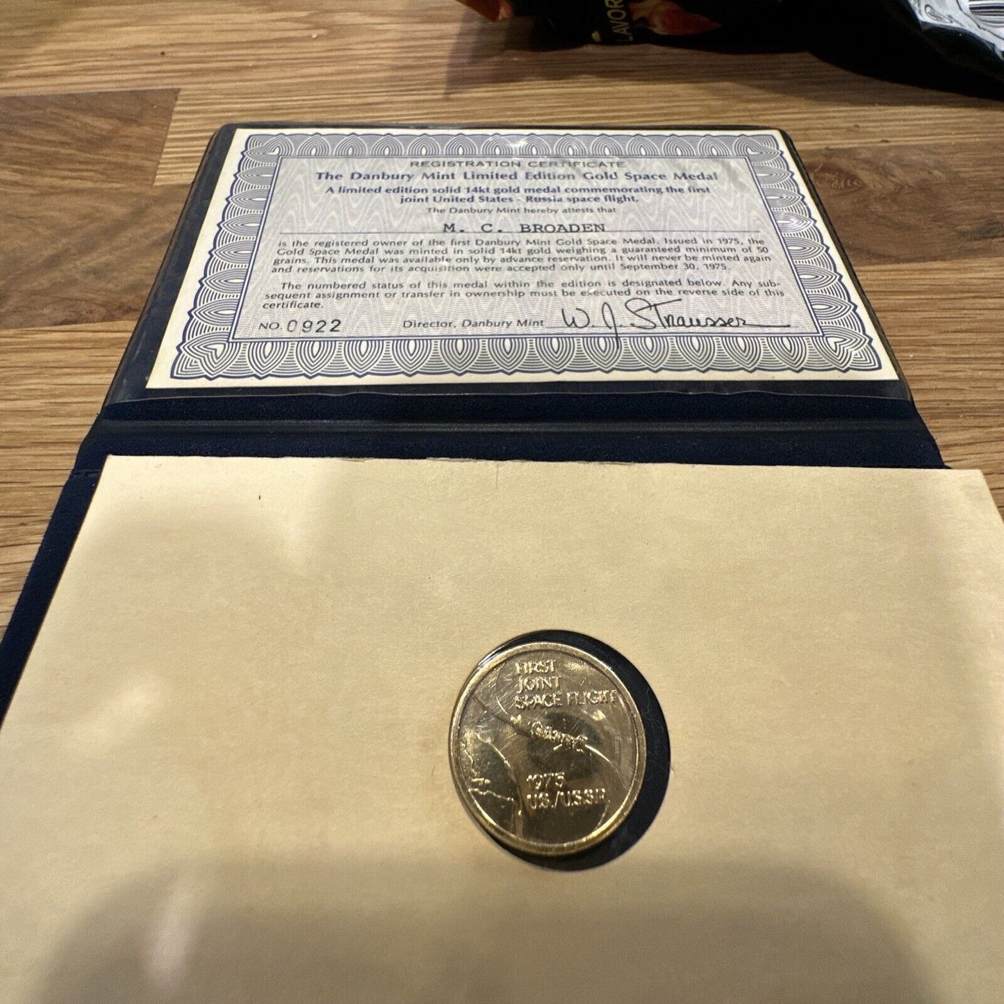 1975 1st Joint Space Station Mission 14K Gold Medal in Danbury Mint Folder w/COA