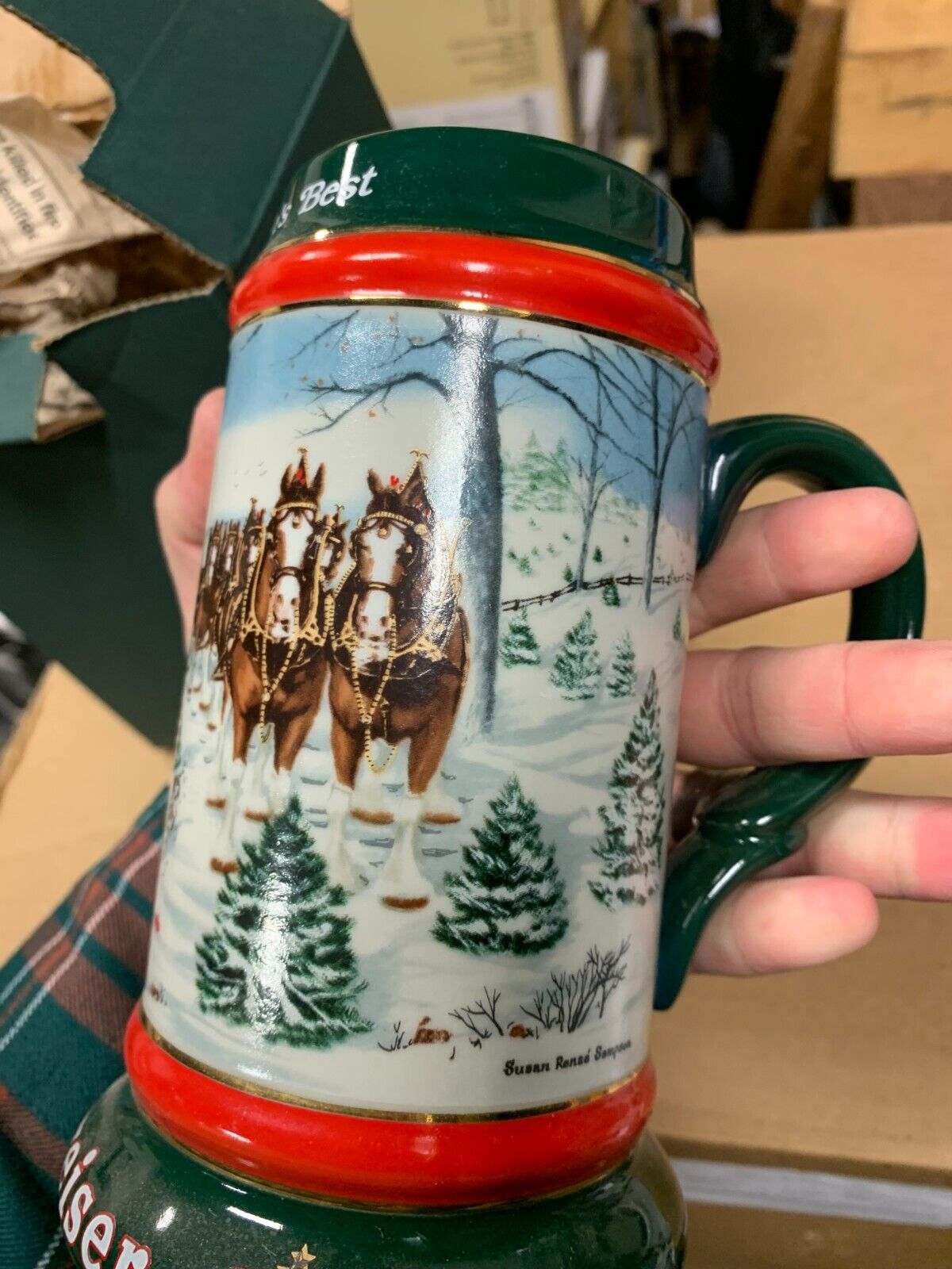 Budweiser 1991 Holiday Stein NIB "The Seasons Best" By Susan Sampson Clydesdales