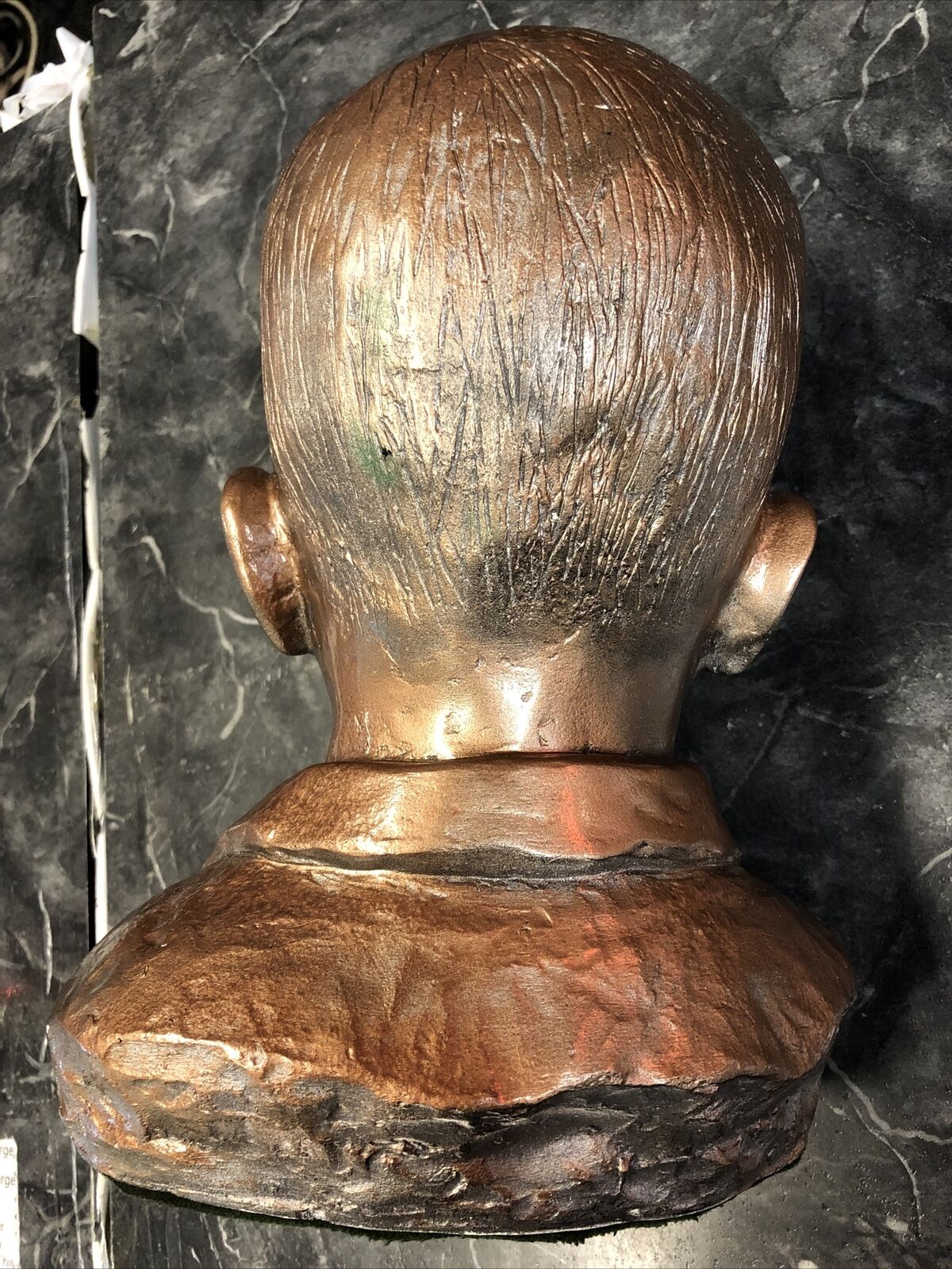 Concrete Bust Of Child's Head Painted Bronze With Green Felt Bottom Antique 