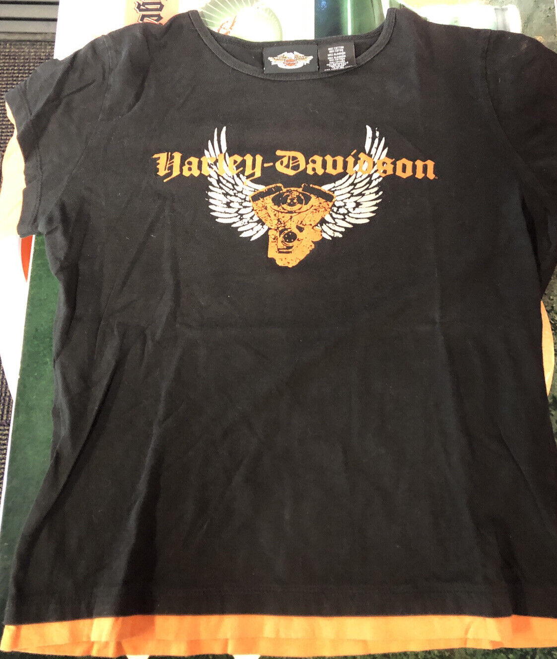 Woman Vintage Long Sleeve Shirt - Harley Davidson Motorcycle Black And Orange M