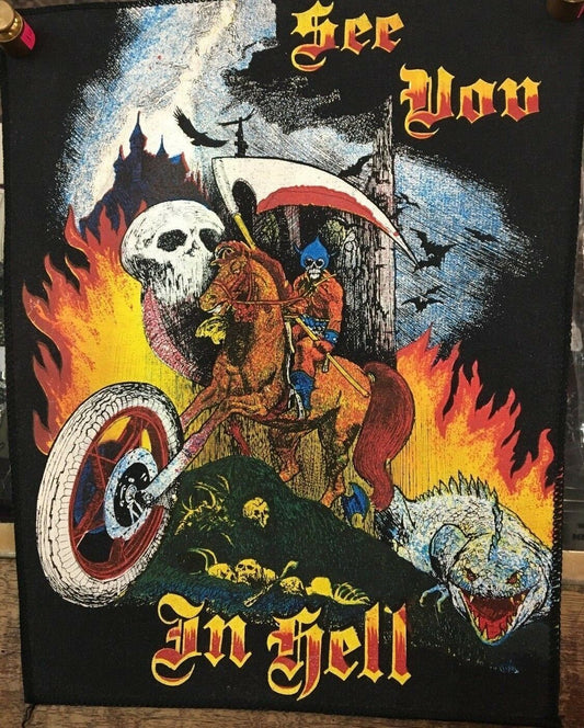 BACK PATCH "SEE YOU IN HELL" VINTAGE  - LANDSCAPE WITH SKULL - HORSE MOTERCYCLE