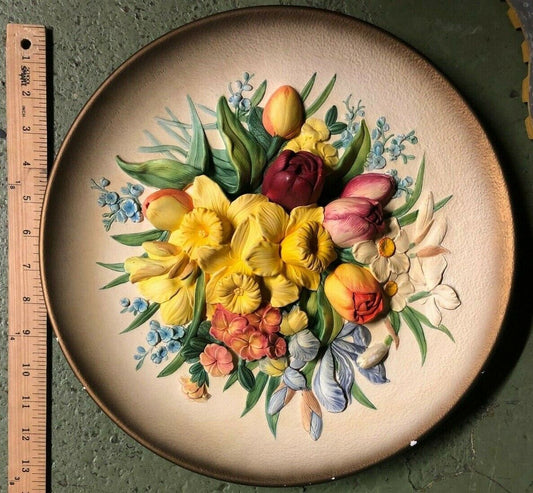 VINTAGE WALL DECORATION 3 Dimensional Flower Plate Ceramic Bouquet Retro