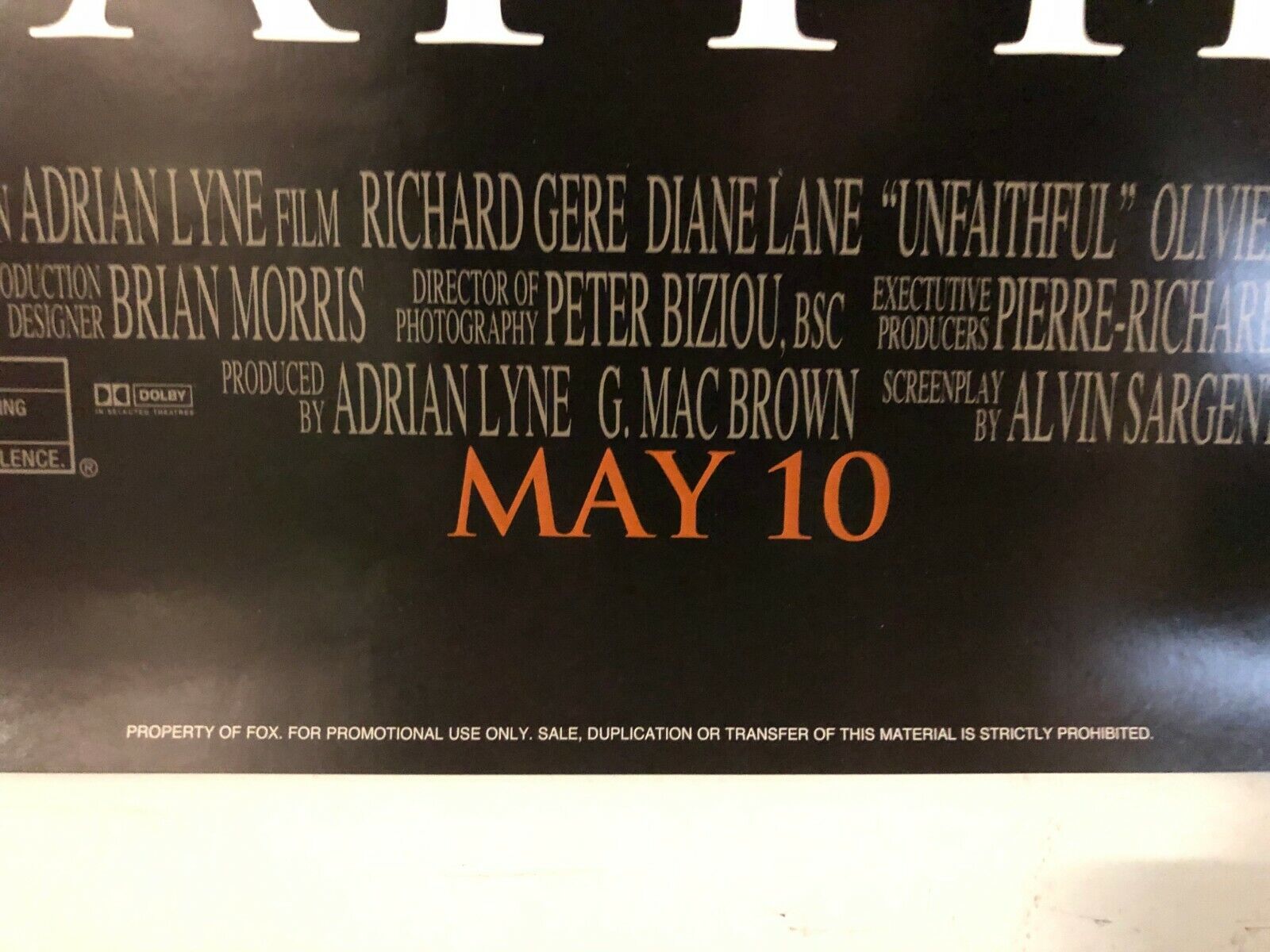 "Unfaithful" Original Movie Theater Promo Poster Richard Gere Diane Lane