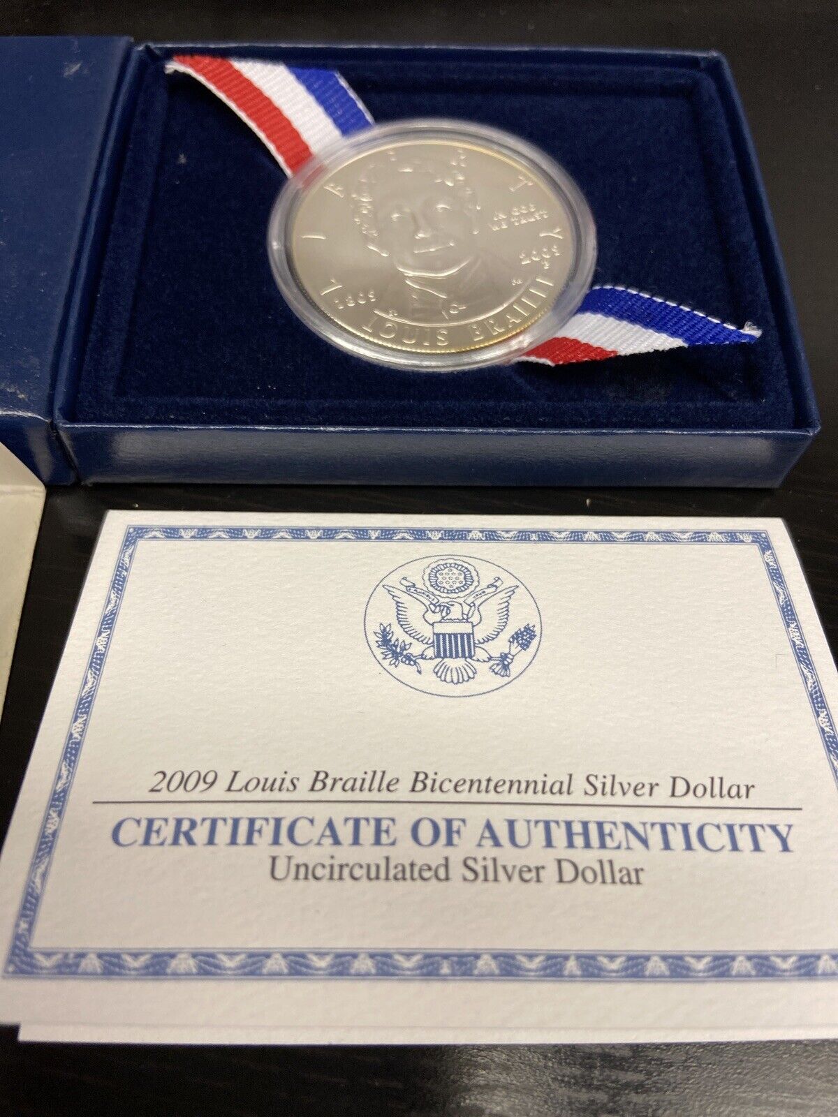 2009-P US Mint BR-3 Uncirculated Louis Braille Bicentennial Silver Dollar COA