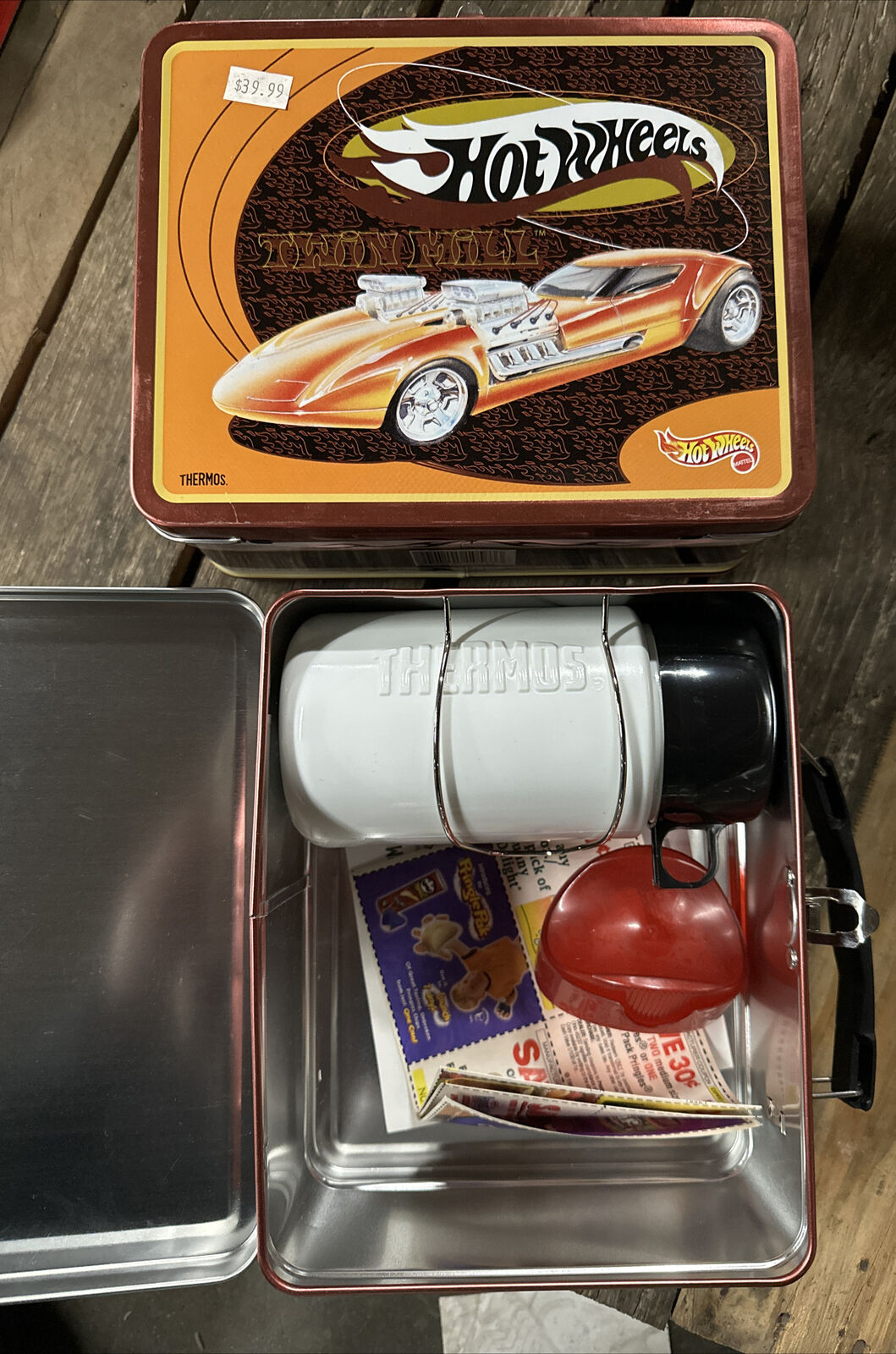 1998 Hot Wheels Twin Mill Metal Lunch Box Thermos Pringles Container Orig Papers