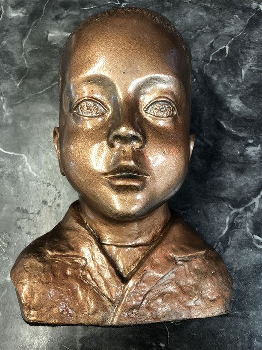 Concrete Bust Of Child's Head Painted Bronze With Green Felt Bottom Antique 