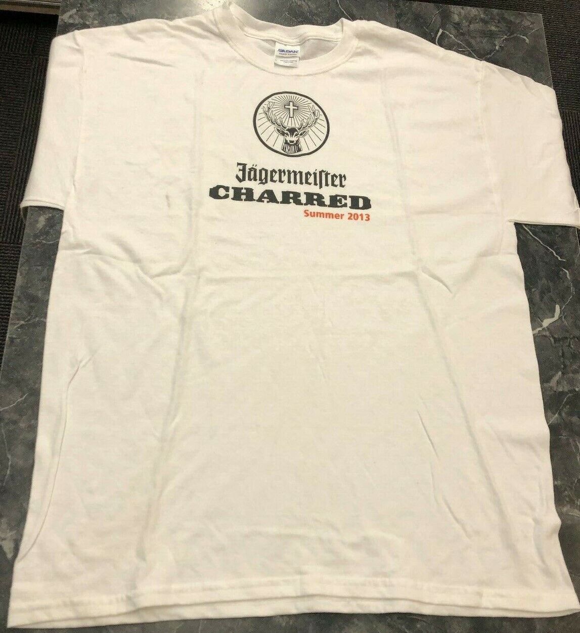 Alcohol T Shirt - Jagermeister charged 2013 Gildan L White Liquor Drink Buck 