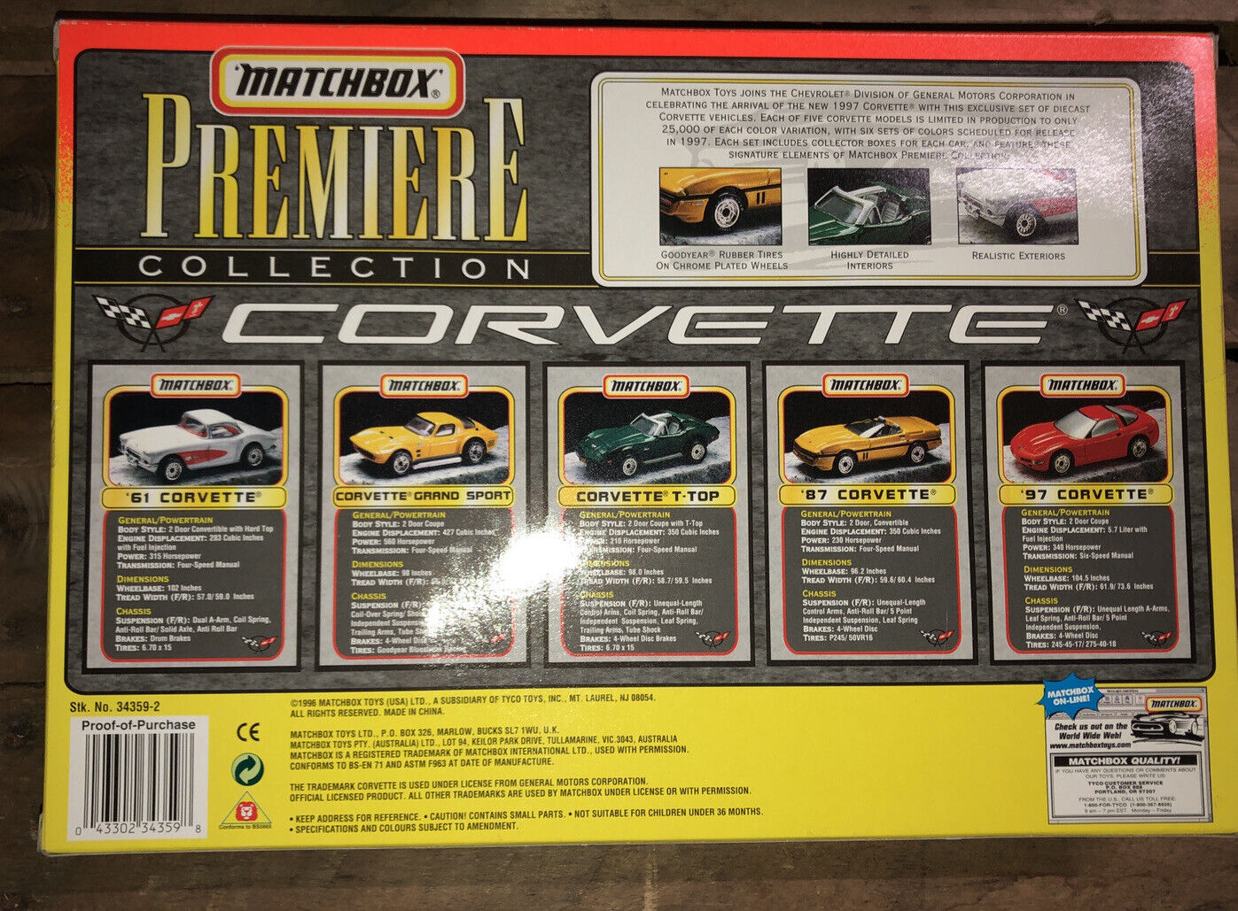 1996 Matchbox Premiere Corvette Collection 5 Car Set Limited Edition 1 of 25000