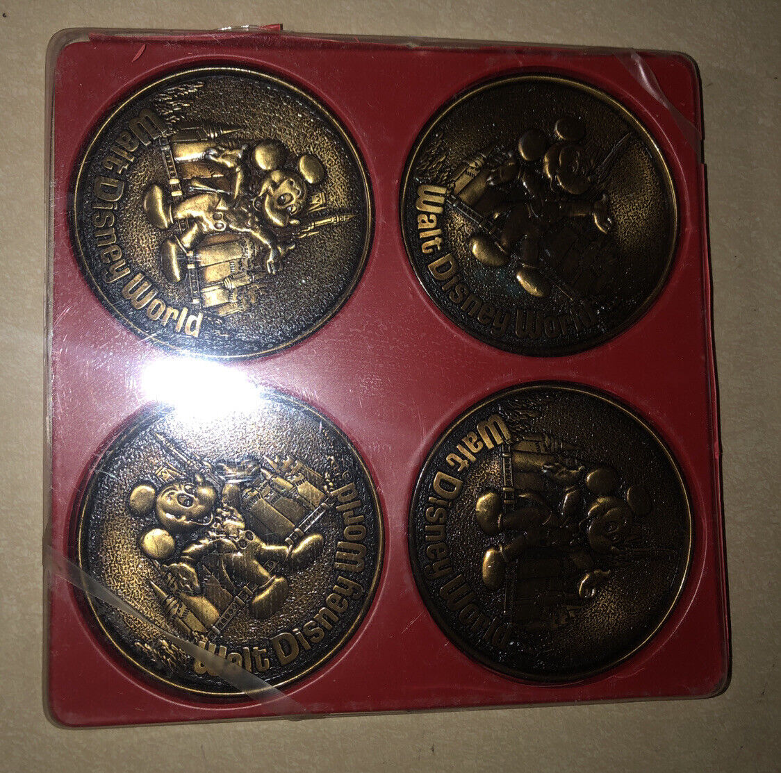 4Pk Walt Disney World Mickey Mouse Brass Drink Coasters Made In Canada Souvenier