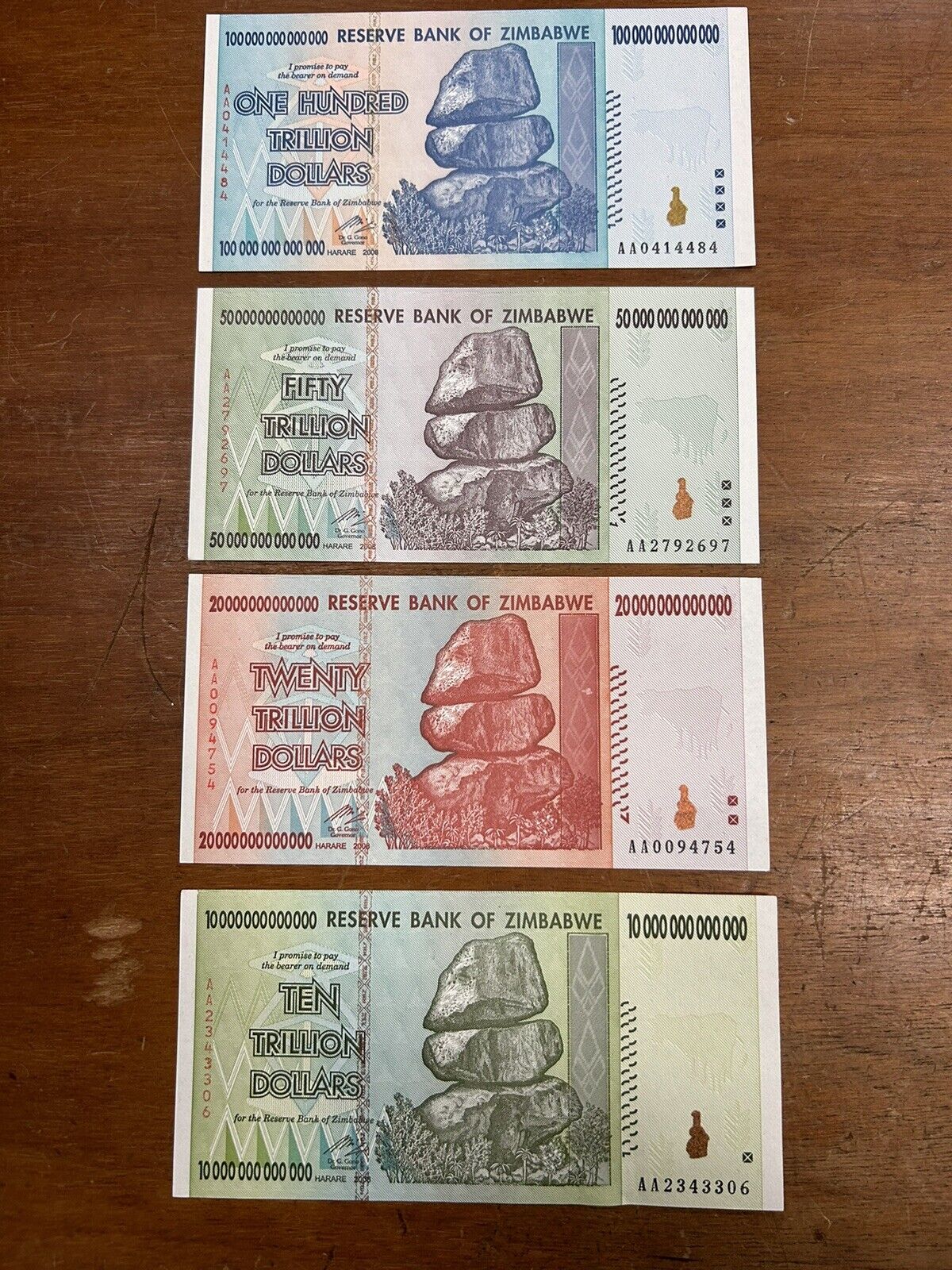 10, 20, 50 And 100 trillion Zimbabwe dollars Banknote Set Uncirculated