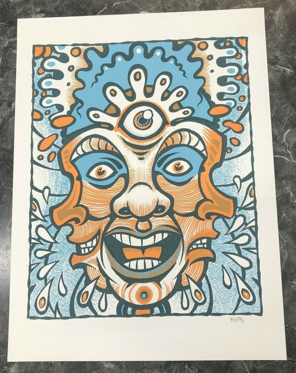 Dwitt - 2013 - Tripple Face With Gears And Sweat, Third Eye, Orange/Blue Poster