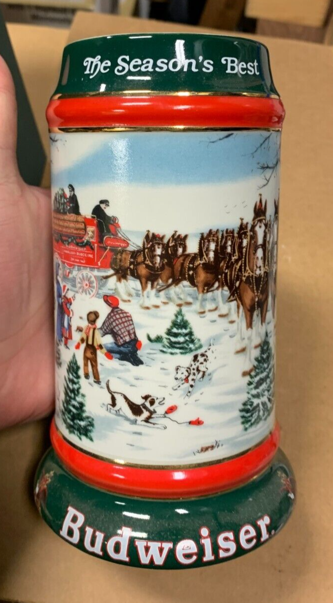 Budweiser 1991 Holiday Stein NIB "The Seasons Best" By Susan Sampson Clydesdales