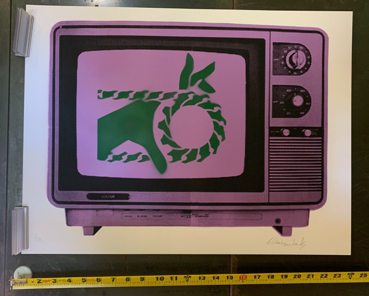 Armando Chainsawhands - S&N Light Purple TV W/ Dark Green Hand Inside Street Art