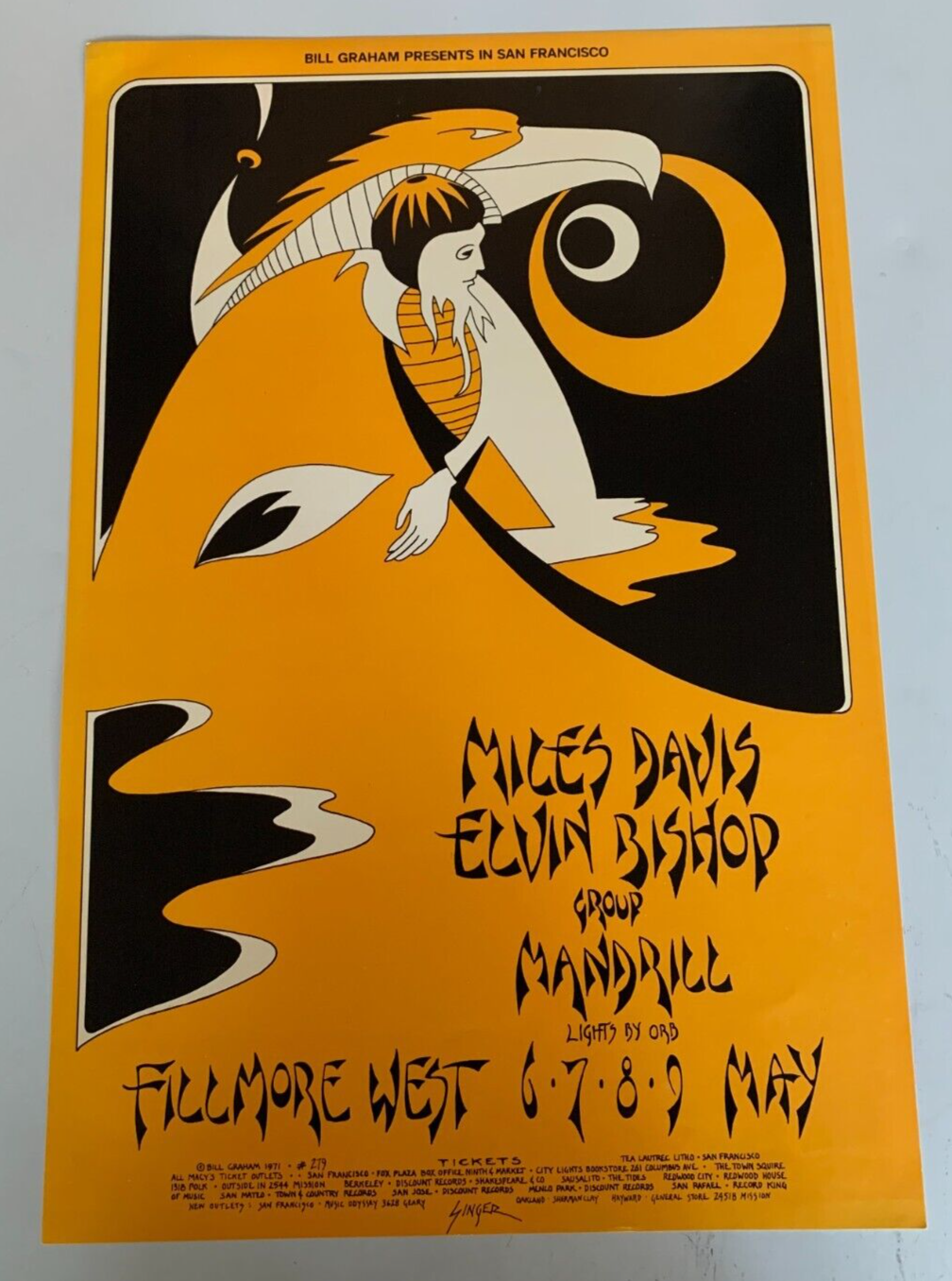 David Singer - 1971 - Miles Davis Concert Poster @ Fillmore West Bill Graham 1st