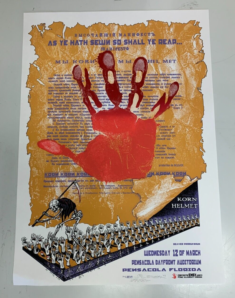 EMEK - 1997 - Korn Concert Poster W/ Helmet Signed & Doodled Pensacola Florida