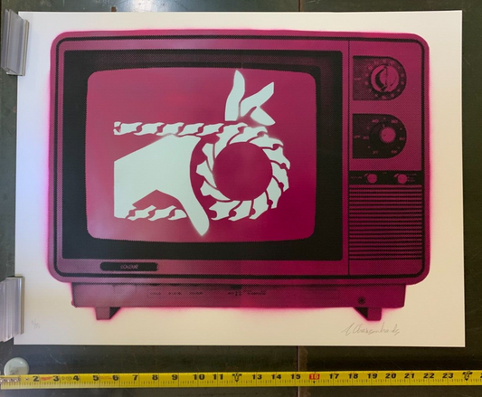 Armando Chainsawhands - S&N Hot Pink TV W/ Baby Blue Hand Inside Street Art