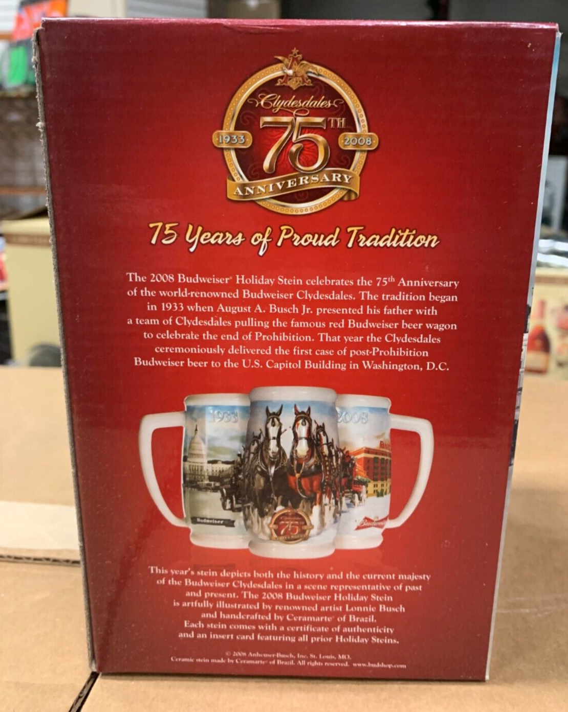 Budweiser 2008 Holiday Stein NIB Anniversary w/ COA 75 Years Of Proud Tradition