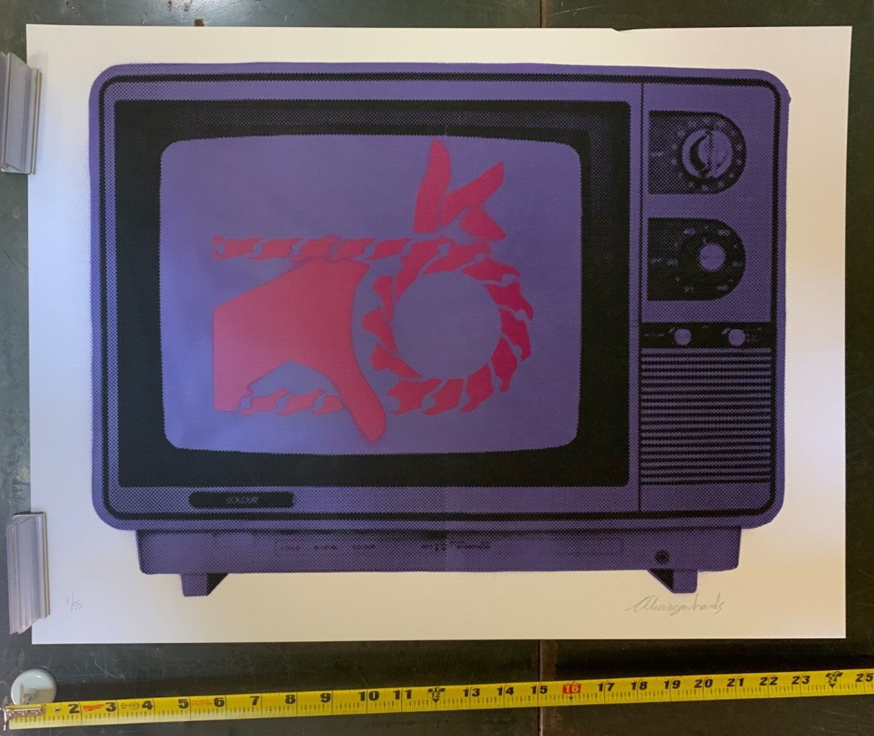 Armando Chainsawhands - S&N Dark Purple TV W/ Pink Hand Inside Street Art