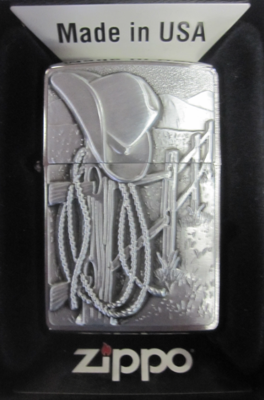 Zippo Chrome Lighter With Cowboy Hat & Rope Western Scene, 24879, New In Box