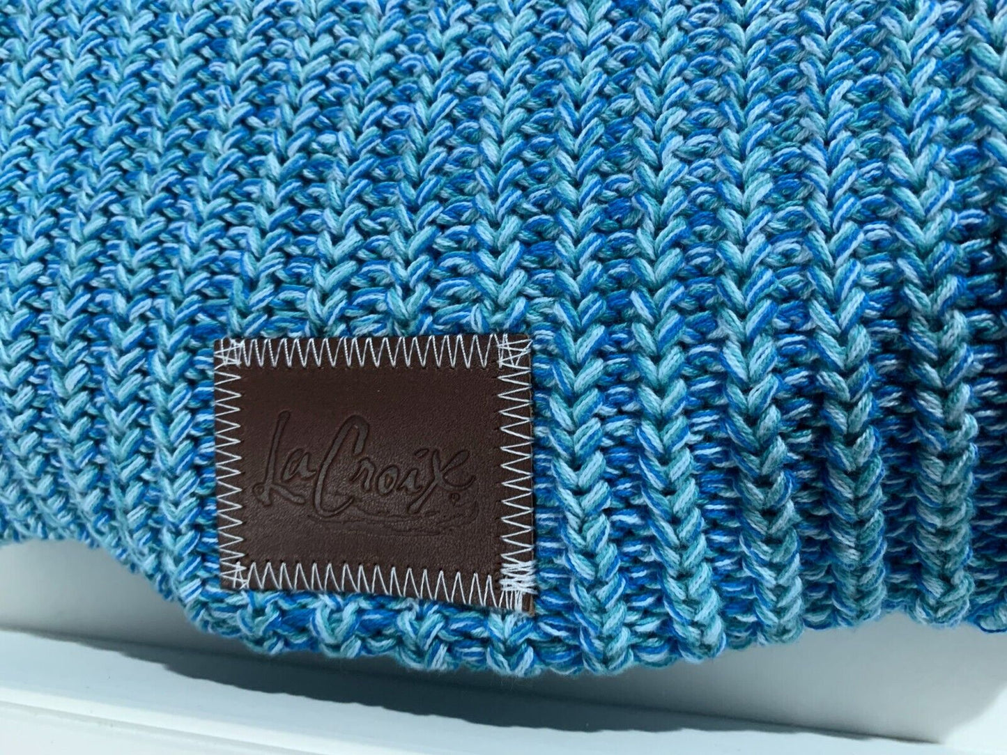 FRAMED Love Your Melon Knit Beanie La Croix Branded Leather Patch PURE Blue