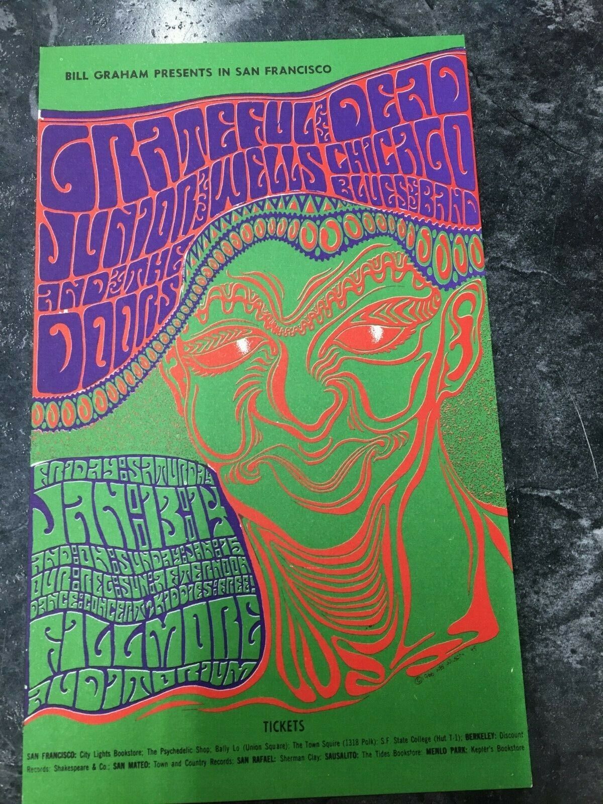 Bill Graham BG45 Handbill Junior Wells Chicago Blues Band, Grateful Dead, Doors 