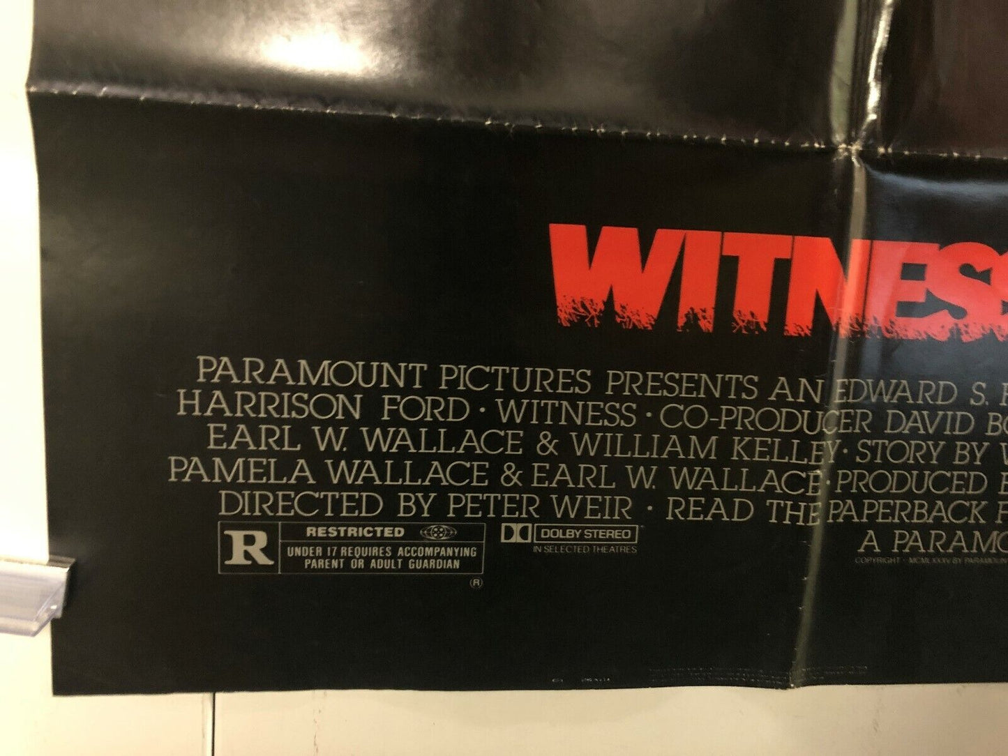 Witness (Paramount, 1985). One Sheet (27" X 41"). Thriller, Harrison Ford