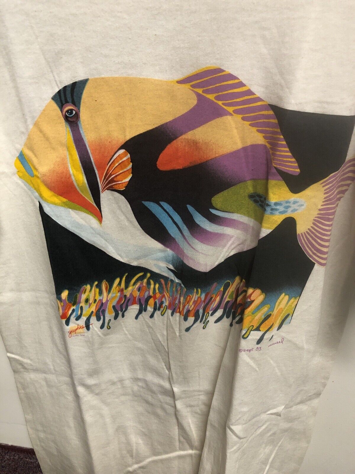 Vintage T Shirt - Body Graphics Fish Ocean September Size M White Rare