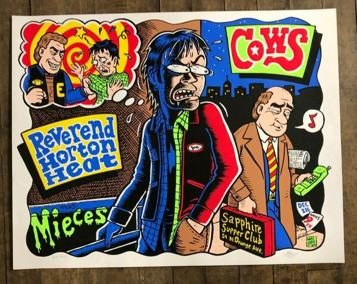 Ward Sutton - 1995 - Reverend Horton Heat Concert Poster W/ Cows, And Mieces