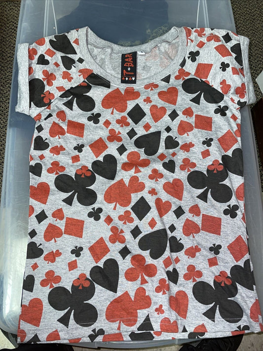 Vintage Woman’s T Shirt - 7 Bar Hearts And Spades Deck Gray Red Black Size S
