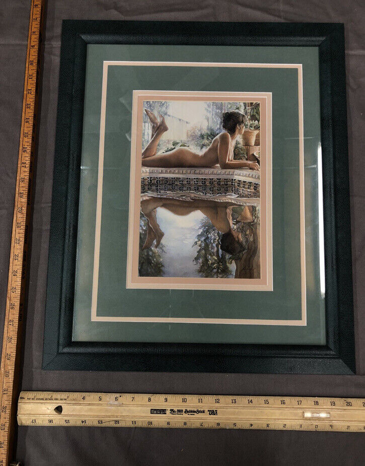 Art Work Lady Laying Nude Next To Pool Framed Snake Skin Frame Rare