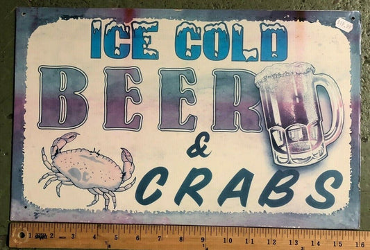 VINTAGE TIN BEER SIGN "Ice Cold Beer & Crabs" Humor Man Cave Drinking Alcohol