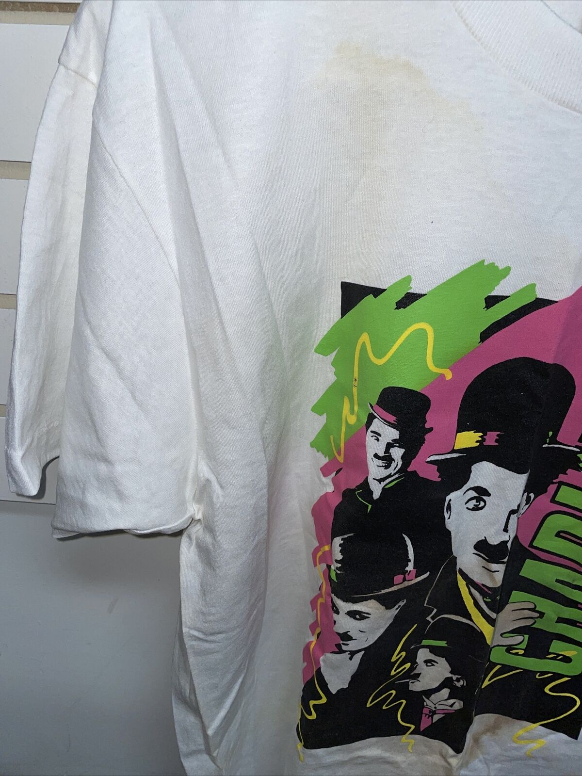 Vintage T Shirt - Charlie Chaplin 1989 Screen Stars Best Size XL White Pink